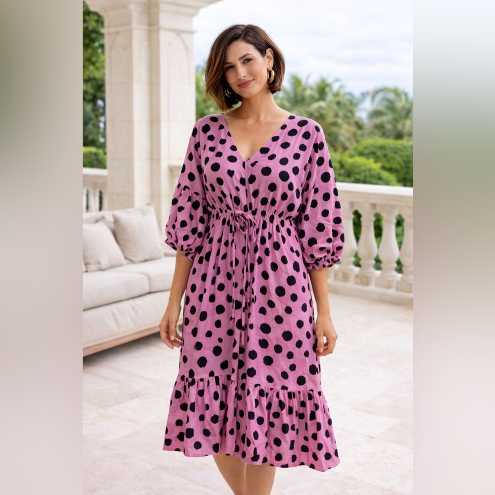 Polka Dot V-Neck Midi Dress in Pink